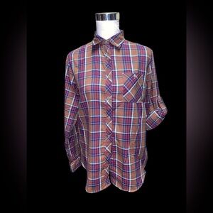 Felice Red Green Blue Plaid Button Down Blouse